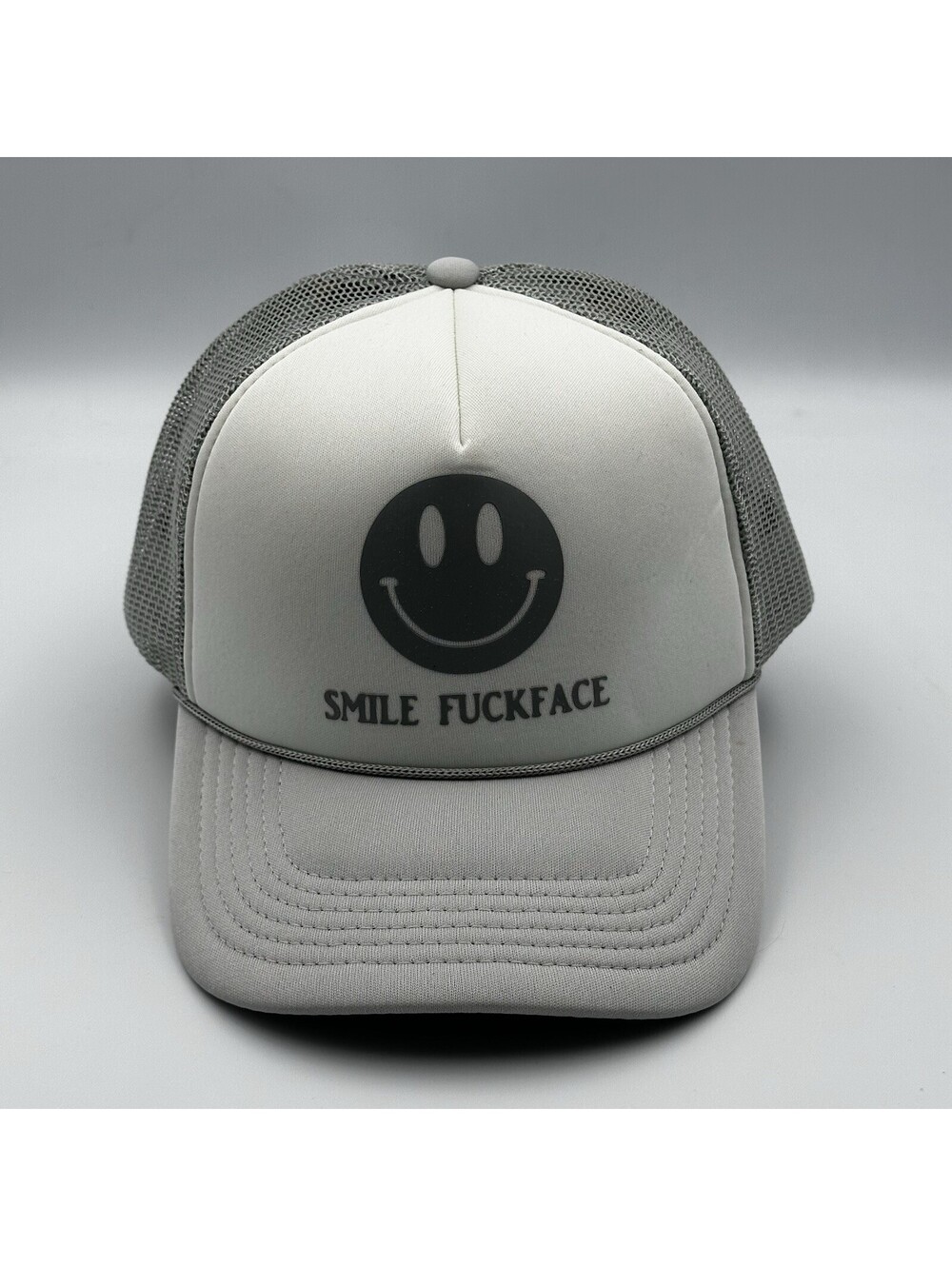 Las Palmas Smile Face Trucker Hat Gray Mesh Snapback Cap Graphic Novelty OSFM